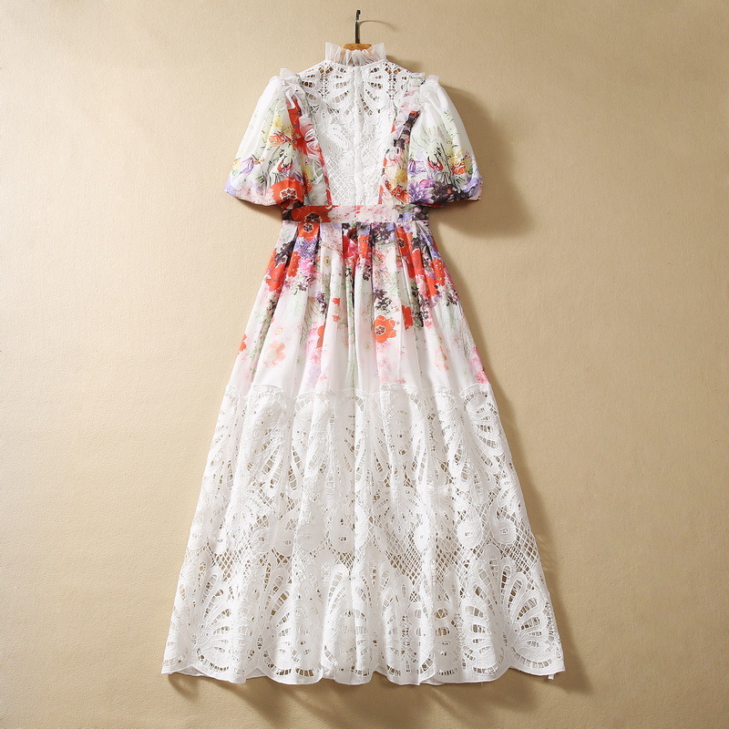 2023 Autumn White Floral Print Embroidery Dress Lantern Sleeve Stand Collar Panelled Long Maxi Casual Dresses S3Q210720