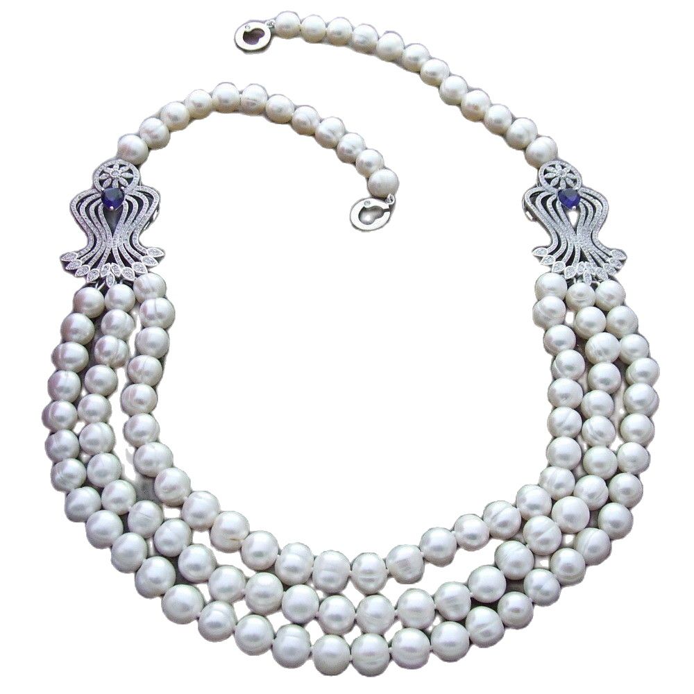 Collana di perle d'acqua dolce tonda bianca a 3 fili 7-8mm annodata a mano micro intarsio accessori in zircone pendente di perle lungo 53-58 cm