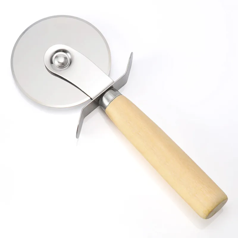 Cortador de pizza de mão com cabo de madeira faca de pizza redonda de aço inoxidável para massas pastelaria rotativa utensílios de cozinha ferramenta de madeira