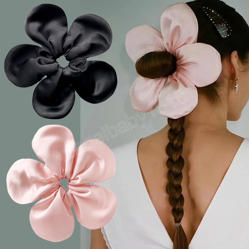 Scrunchies in raso a forma di fiore extra-large Cravatte elastiche capelli Porta coda di cavallo Corde capelli da donna Fasce capelli semplici in tinta unita