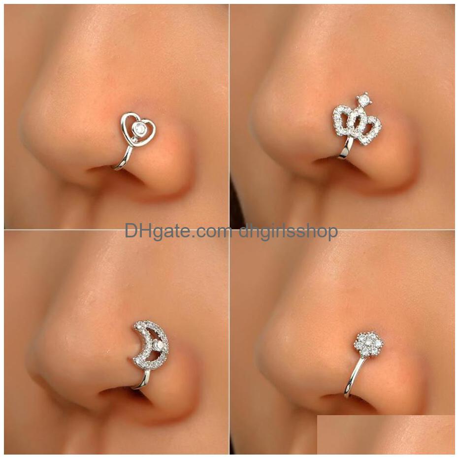 Nose Rings Studs Nose Rings Studs Gold Fake Piercing Clip Ring Cuff Body Jewelry For Women New Trend Ear Cuffs Heart Cross Flowers 22 Styles Drop De Dhtal