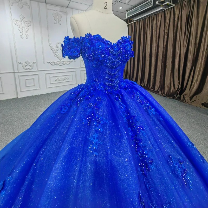 Niebieska błyszcząca suknia balowa księżniczki długie sukienki Quinceanera Koronkowe kryształowe koraliki 3dflower Tiulle Scoop Secion