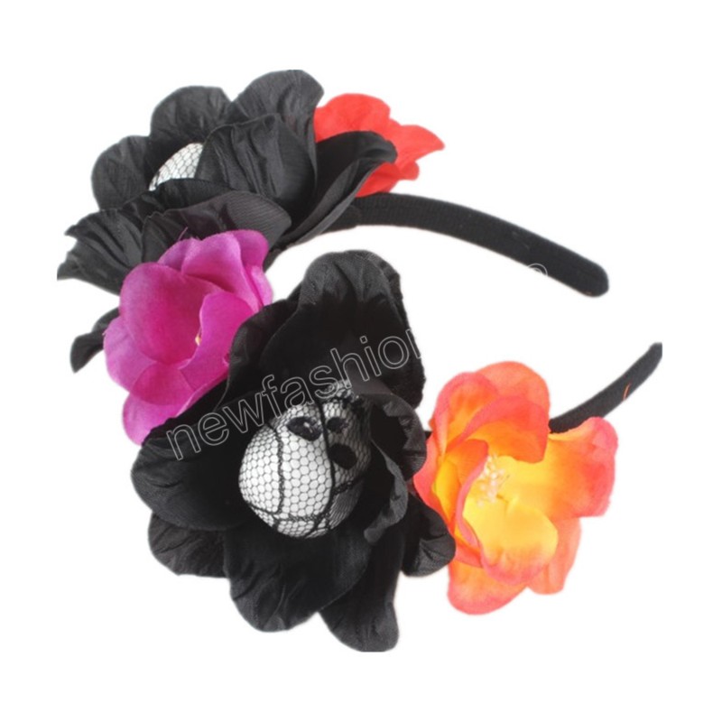 Mode crâne bandeau Rose fleur cheveux cerceau pour femmes filles Halloween diadèmes et couronne chapeaux accessoire