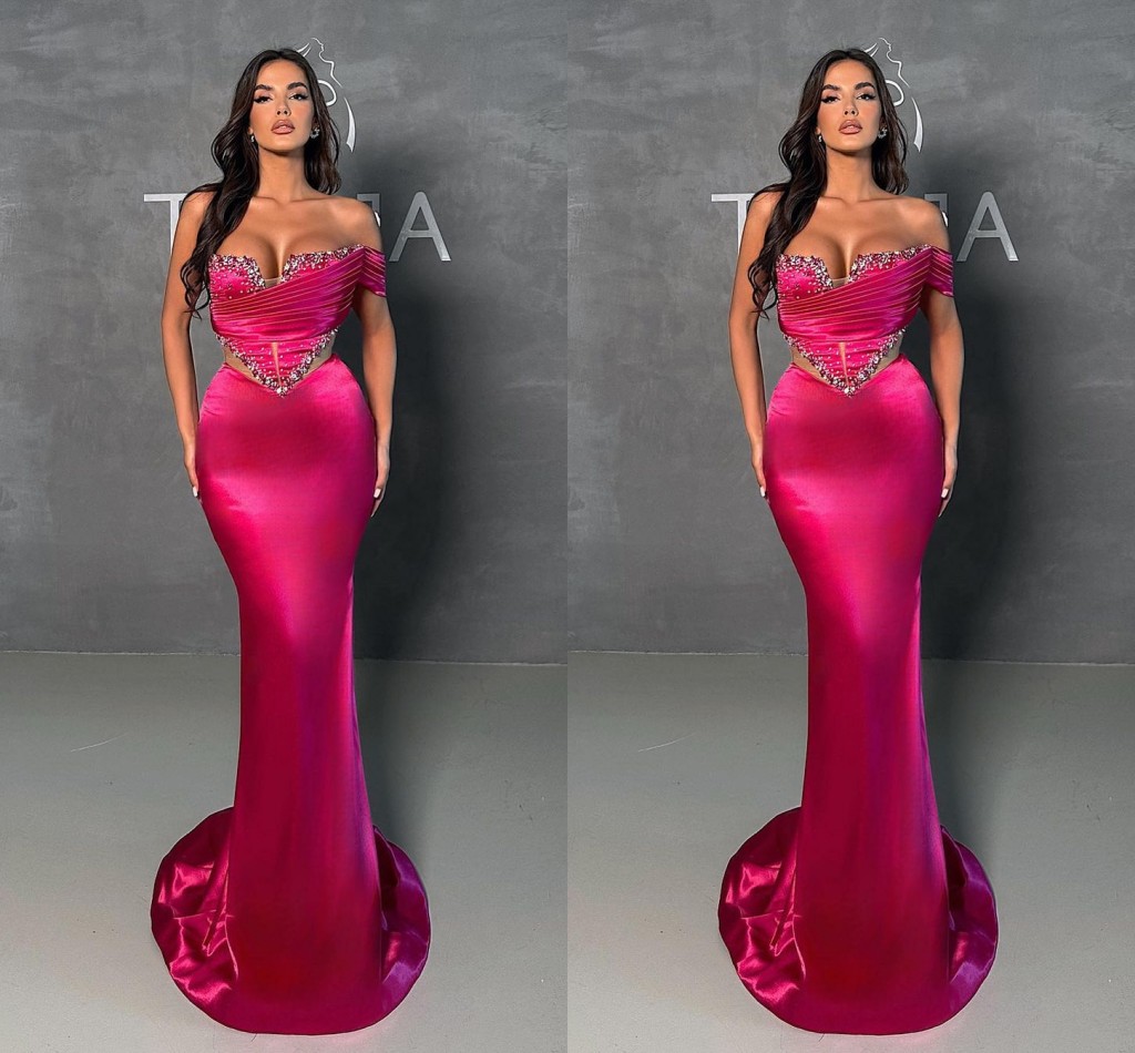 Dubai árabe quente rosa quente vestidos de noite de bainha de um ombro frisado lantejoulas Coutout roupa formal vestido de festa concurso noivado vestidos de noite de celebridades