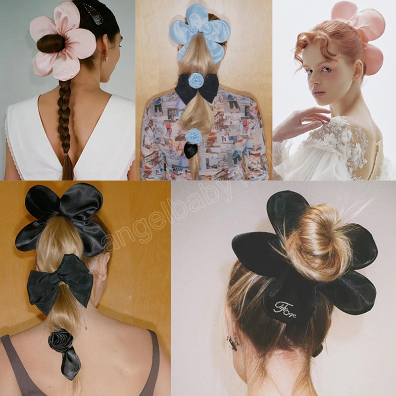 Extra-Large Flower Shape Satin Scrunchies Elastic Hair Ties Ponytail Holder Women Hair Ropes Simple Solid Color Hair Bands