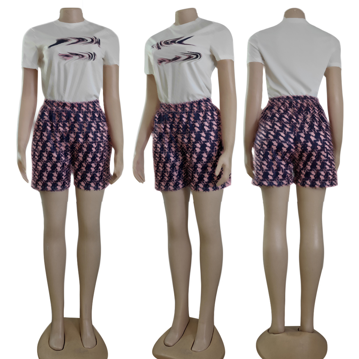 Mode kvinnors sommar nya broderade + tryckta korta ärm shorts set