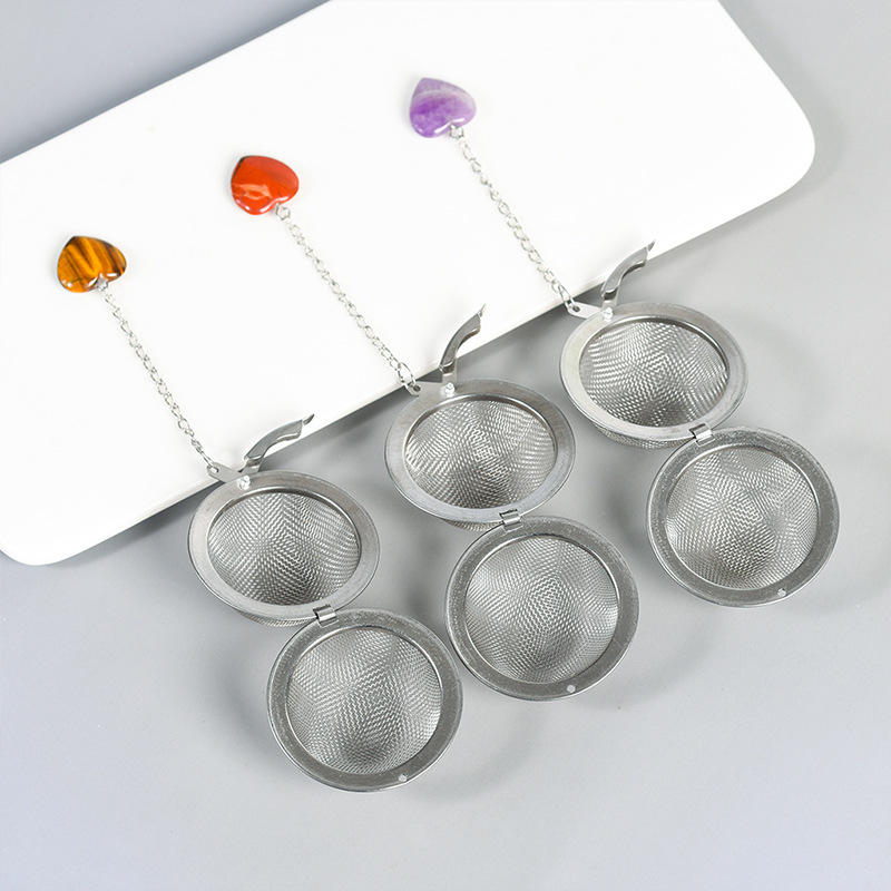 Heart Crystal Stone Mesh Tea Strainers With Chain Stainless Steel Tea Infuser Spice Herbal Filter Teaware Accessories