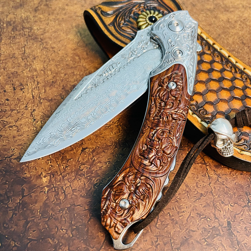 Promotie R1694 Flipper Zakmes VG10 Damascus Staal Drop Point Blade Desert Ironwood Handvat Kogellager Snel Open EDC Zakmessen met Lederen Schede