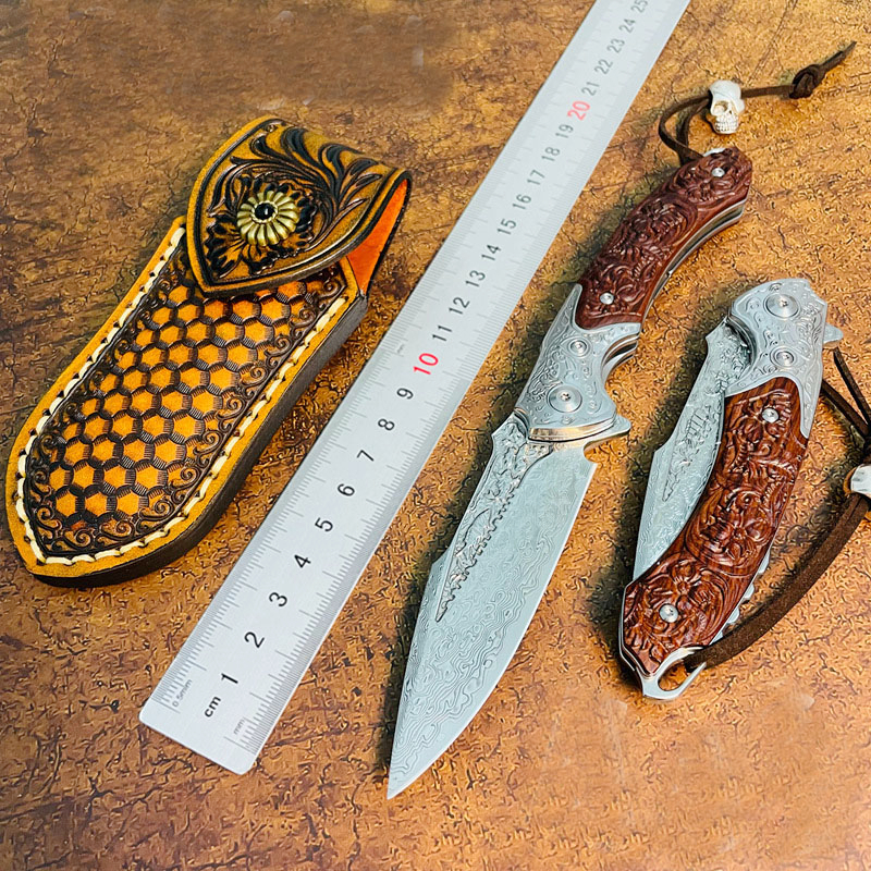 Promotie R1694 Flipper Zakmes VG10 Damascus Staal Drop Point Blade Desert Ironwood Handvat Kogellager Snel Open EDC Zakmessen met Lederen Schede