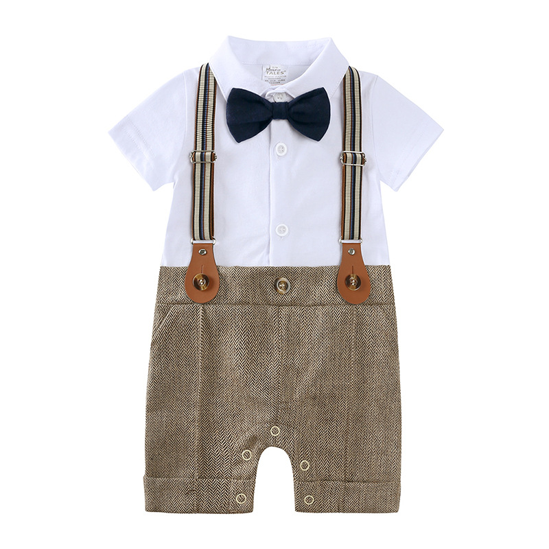 Nyfödd baby pojke gentleman outfit kläder jumpsuits bomull sommar jumpsuit väst hatt 3st.