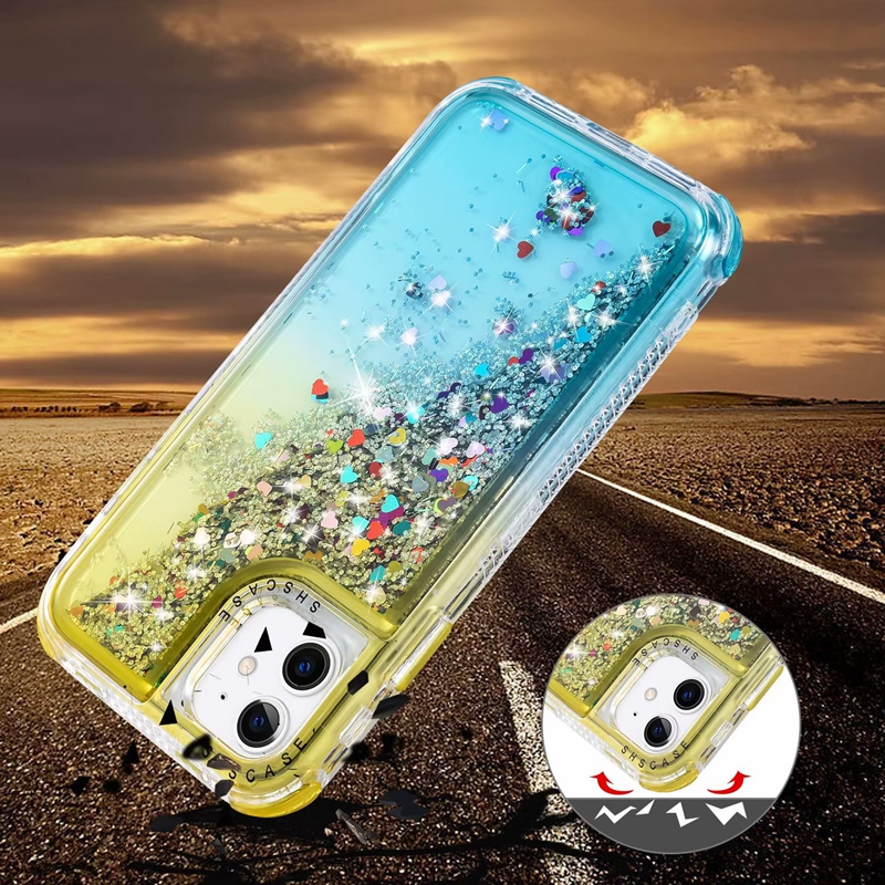 Étuis de luxe 3IN1 Gradient Quicksand pour iPhone 15 14 Plus 13 Pro MAX 12 11 XS X 8 7 6 Plastique Dur PC Soft TPU Liquide Bling Glitter Sparkle Love Heart Couverture de téléphone portable