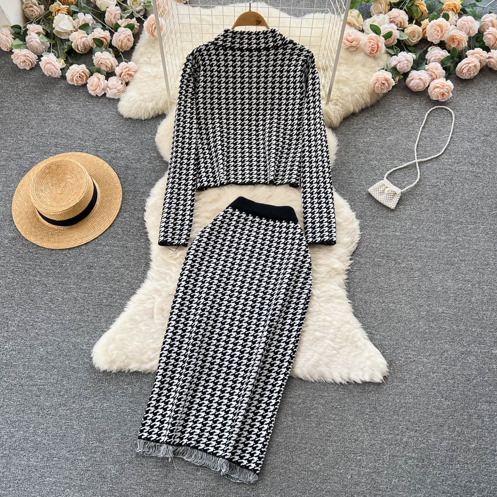 Dwuczęściowa sukienka elegancka houndstooth dzianina dwuczęściowy zestaw damski zabytkowe diamenty łuk Krótki sweter sweter + frędzle podzielone midi spódnicze garnitur 2023