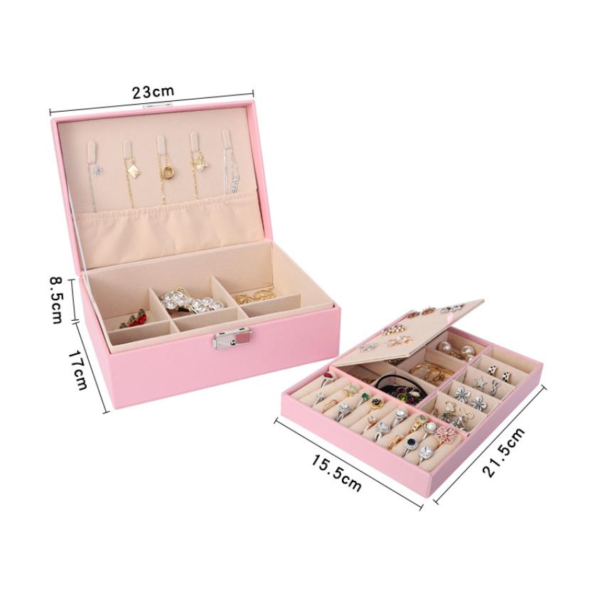 Boîtes à bijoux boîte pour femmes filles 2 couches grand organisateur étui de rangement en cuir Pu affichage porte-bijoux avec plateau amovible a1