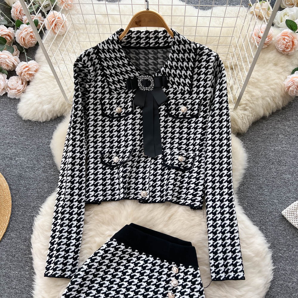 Vestido de duas peças elegante malha Houndstooth conjunto de duas peças vintage diamantes laço curto cardigã suéter + borlas split midi saia terno 2023