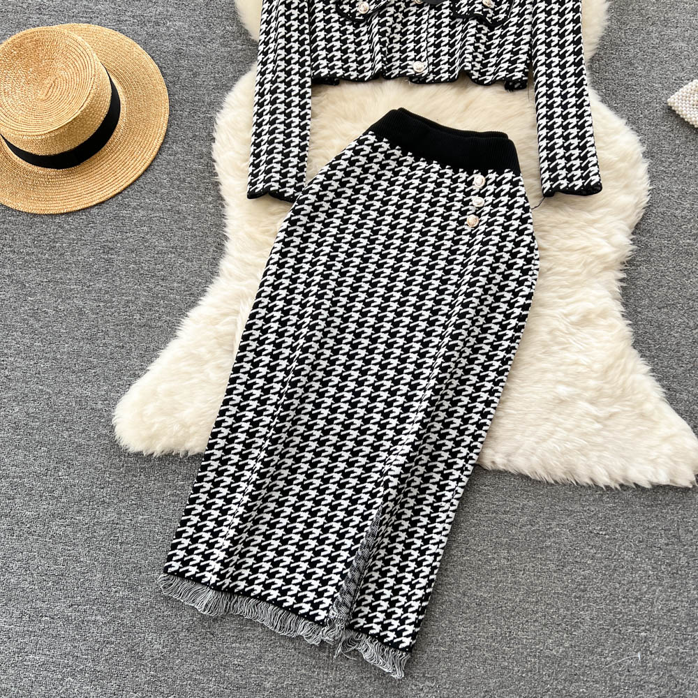 Vestido de duas peças elegante malha Houndstooth conjunto de duas peças vintage diamantes laço curto cardigã suéter + borlas split midi saia terno 2023