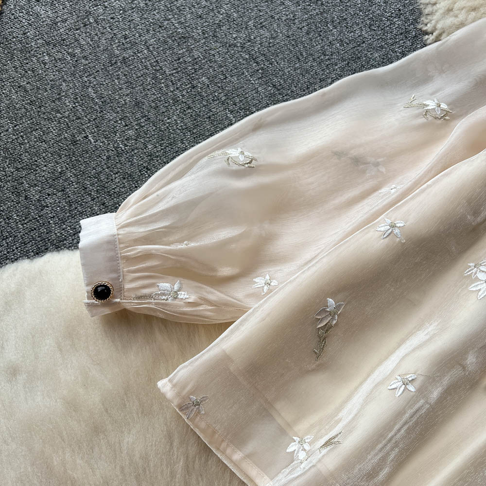 Two Piece Dress Vintage Haute Couture Outfits Women Flower Embroidery Pearls Beading Bow Blouse Top + Single Breasted Midi Skirt Two Piece Set 2023