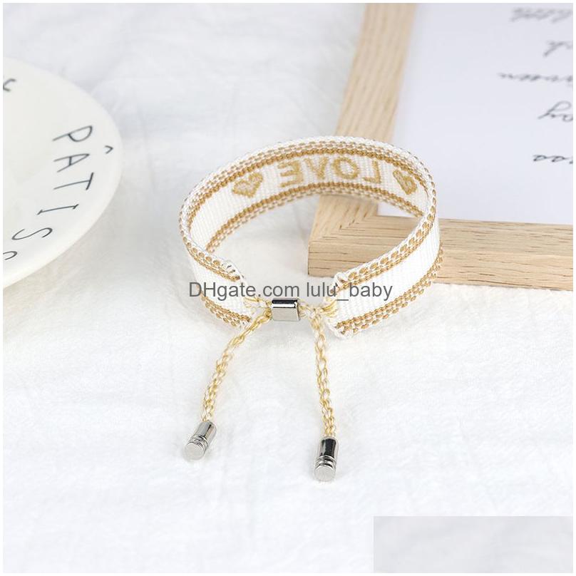 Charm Bracelets Fashion Retro Embroidered Love Letters Woven Bracelet Wrist Band Bohemian Womens Ribbon Jewelry Drop Delivery Dhidj