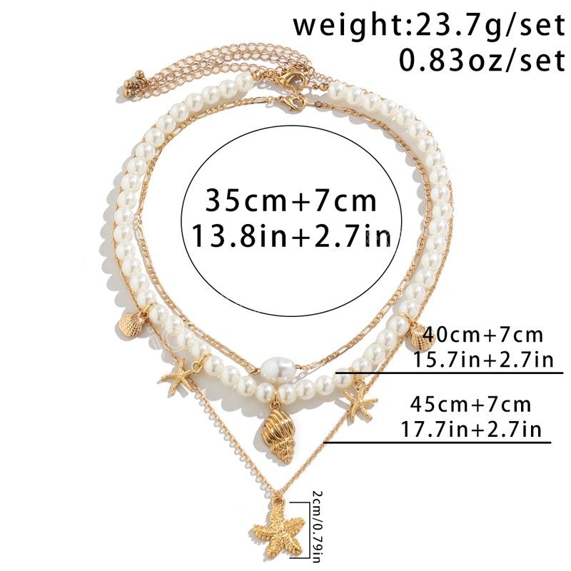 3 skiktade kedjor med sjöstjärna/skalhängen halsband för kvinnor trendiga imitation pärlchoker krage mode smycken