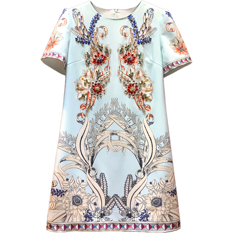 2023 Summer Sky Blue Floral Print Rhinestone Dress Short Sleeve Round Neck Knee-Length Casual Dresses A3Q122304