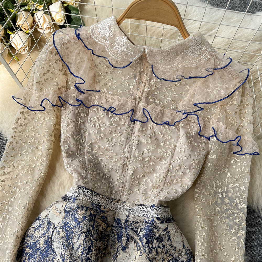 Basic Casual Dresses New Spring Autumn Vintage Lace Mesh Patchwork Jacquard Dress Women Luxury Flower Embroidery Long Sleeve Ruffles Mini Vestidos 2023