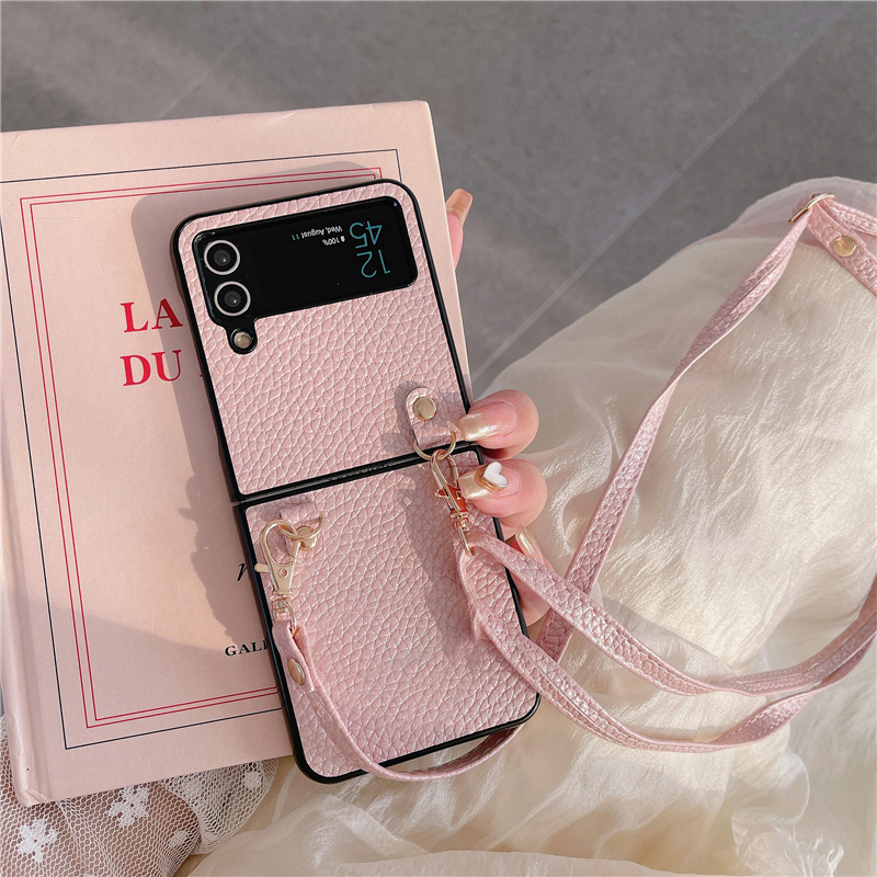 Luxury Crossbody Lychee Mönster Vogue Phone Case för Samsung Galaxy Folding Z Flip3 Flip4 Flip5 5G Hållbar justerbar Lanyard Solid Leather Fold Shell Suffsäker