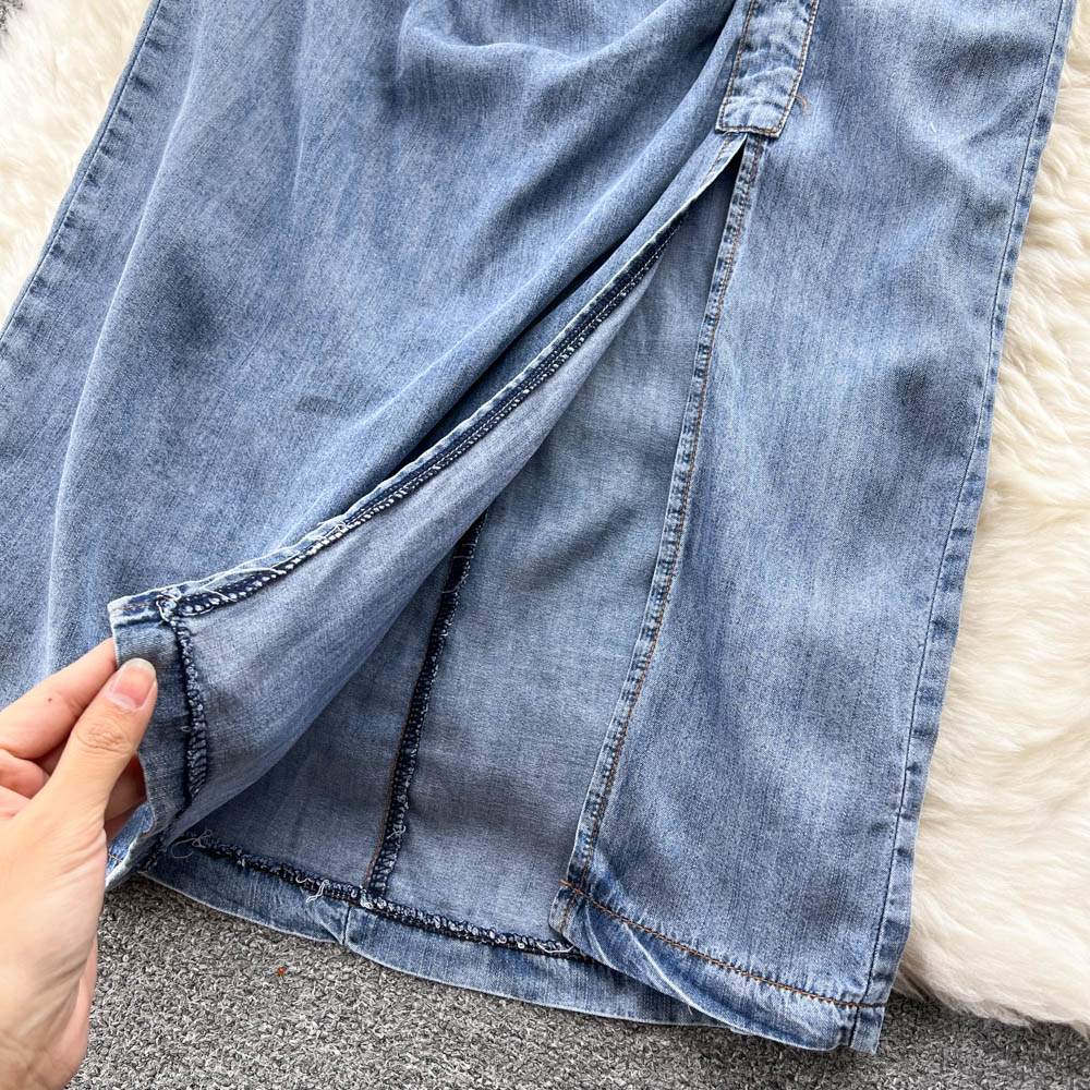 Vestidos casuais básicos novo verão casual patchwork vestido jeans feminino manga curta decote em v pérolas botões elegantes vestidos midi divididos com cinto de corrente 2023