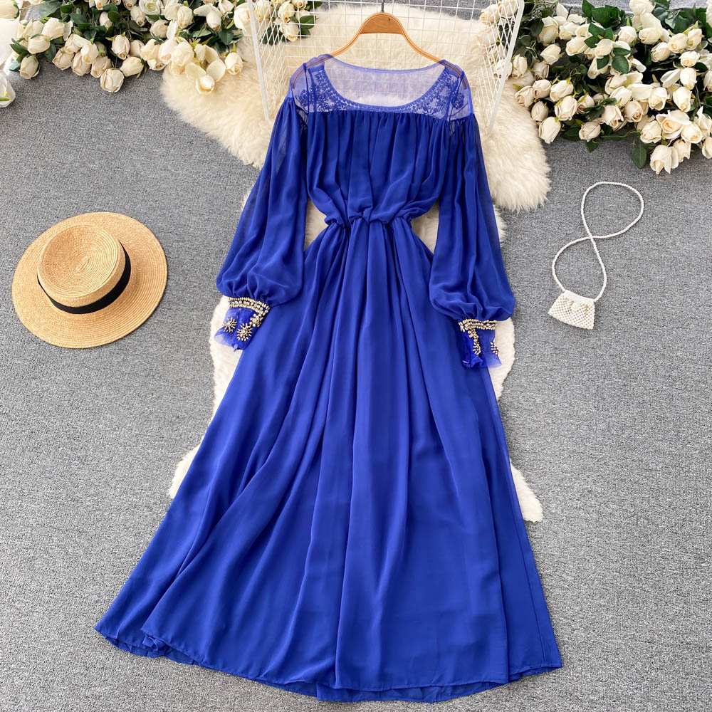 Basic Casual Dresses 2023 Summer Fashion Bohemain Diamonds Beading Embroidery Dress Women's Chiffon O Neck Long Lantern Sleeve Loose Party Maxi Vestido