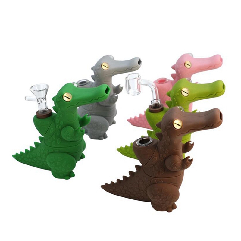 Crocodile Style Coloré Fumer Silicone Bong Pipes Kit Portable Voyage Bubbler Herbe Tabac Poignée Filtre Cuillère Quartz Bol Huile Rigs Pipe À Eau Dabber Titulaire DHL