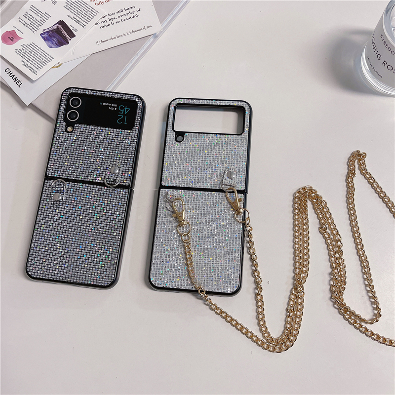 Estojo de telefone vogue luxuoso crossbody com diamante brilhante para samsung galaxy dobrável Z Flip3 Flip4 Flip5 5G colar durável brilhante concha dobrável à prova de choque