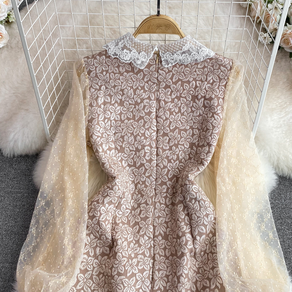 Basic Casual Dresses 2023 Spring Autumn Women Vintage Pearls Chain Beading Lace Flower Embroidery Patchwork Peter Pan Collar Foral Jacquard Dress