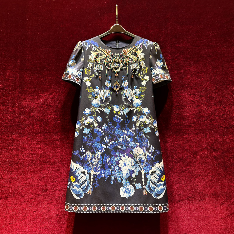 2023 Summer Black Floral Print Dress Short Sleeve Round Neck Knee-Length Casual Dresses A3Q122218