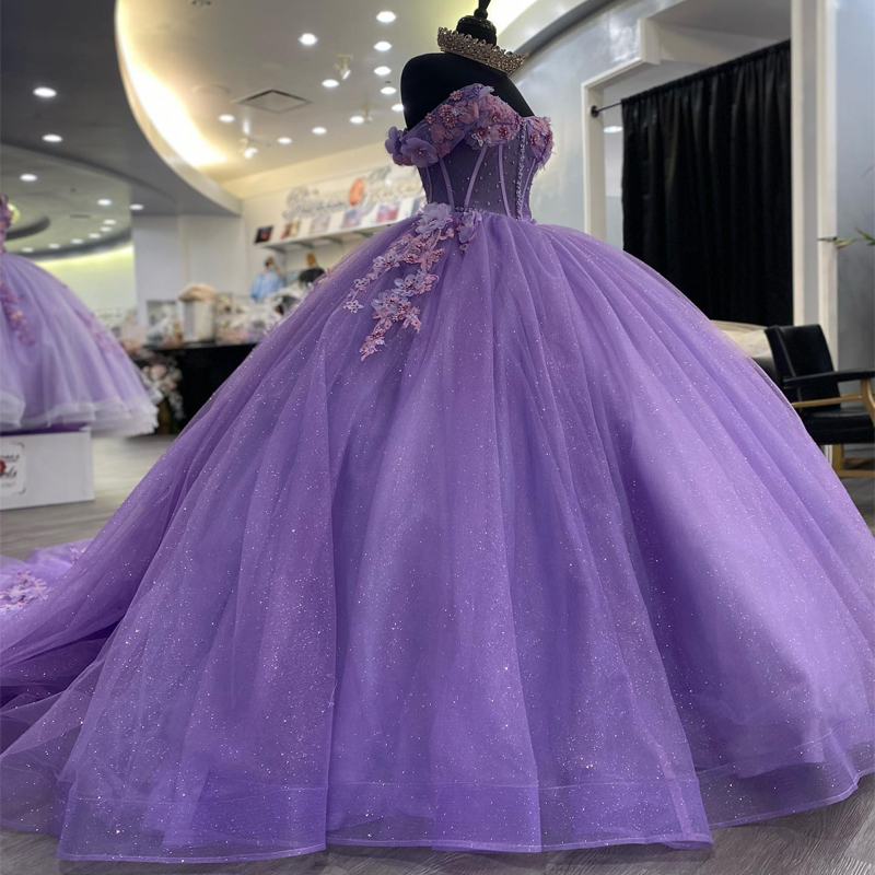 Abiti Quinceanera viola lucido da ballo principessa 2024 Abiti con spalle scoperte Cristallo 3DFlower Vestido De 15 Anos Abiti corsetto