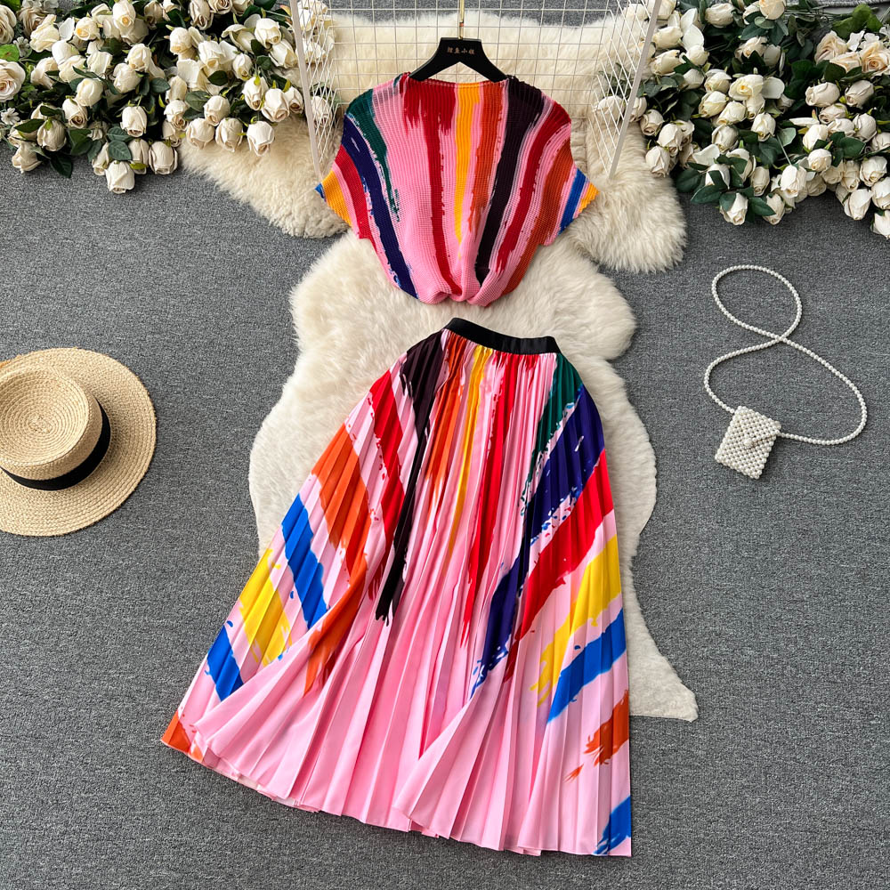 Two Piece Dress Runway Skirts Two Piece Suit Women Stretchy Pullover Tops+Chic Midi Pleated A Line Skirts Lady Summer Casual Sets Outfits 2023