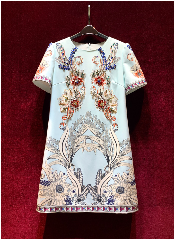 2023 Summer Sky Blue Floral Print Rhinestone Dress Short Sleeve Round Neck Knee-Length Casual Dresses A3Q122304