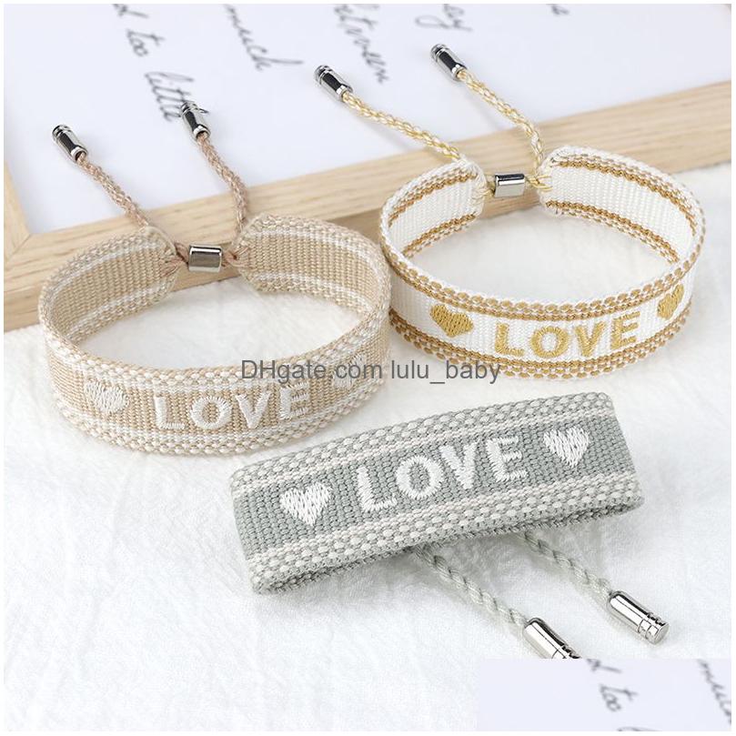 Charm Bracelets Fashion Retro Embroidered Love Letters Woven Bracelet Wrist Band Bohemian Womens Ribbon Jewelry Drop Delivery Dhidj