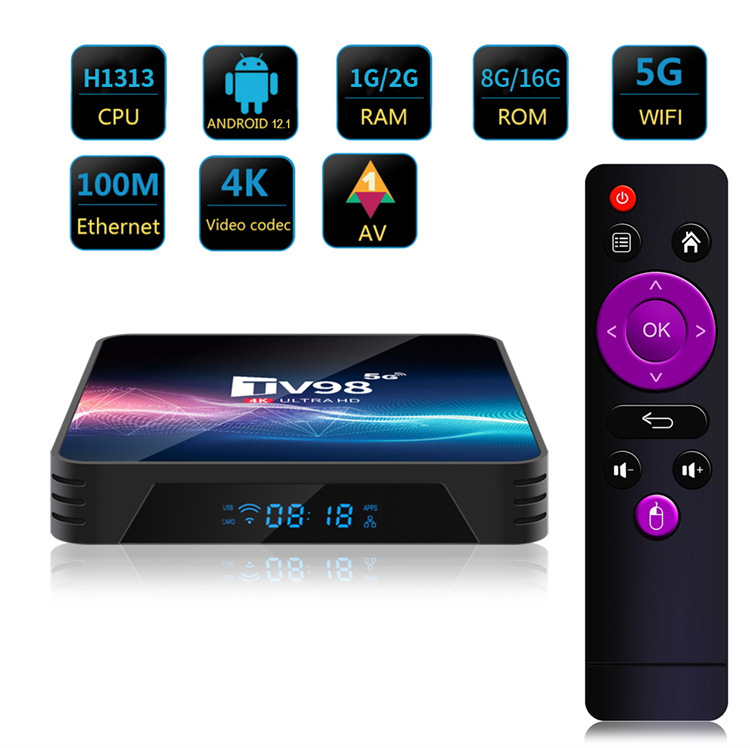 1 parça TV98 Android TV Kutusu 12.1 Allwinner H313 Dört Çekirdek V11 1G/8G 2G/16G 2.4G/5G Çift Wifi H.265 UHD 4K Akıllı Medya Oyuncu Seti Dijital Televizyon