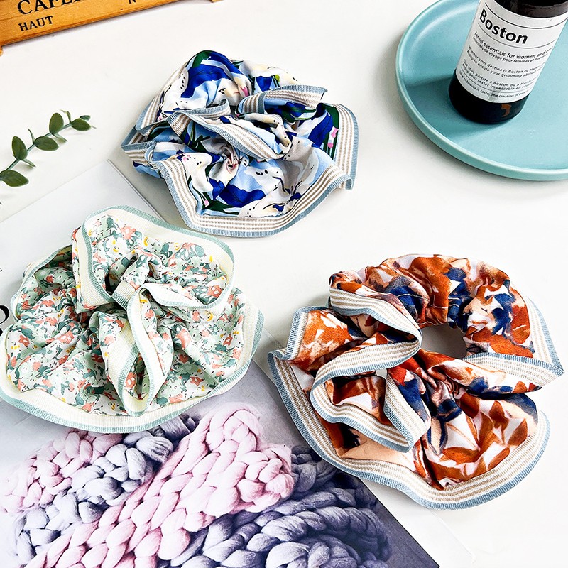 한국의 달콤한 꽃 직물 대형 스크런치 패션 단순한 기질 줄무늬 가장자리 꽃 스크 런치 헤어 액세서리