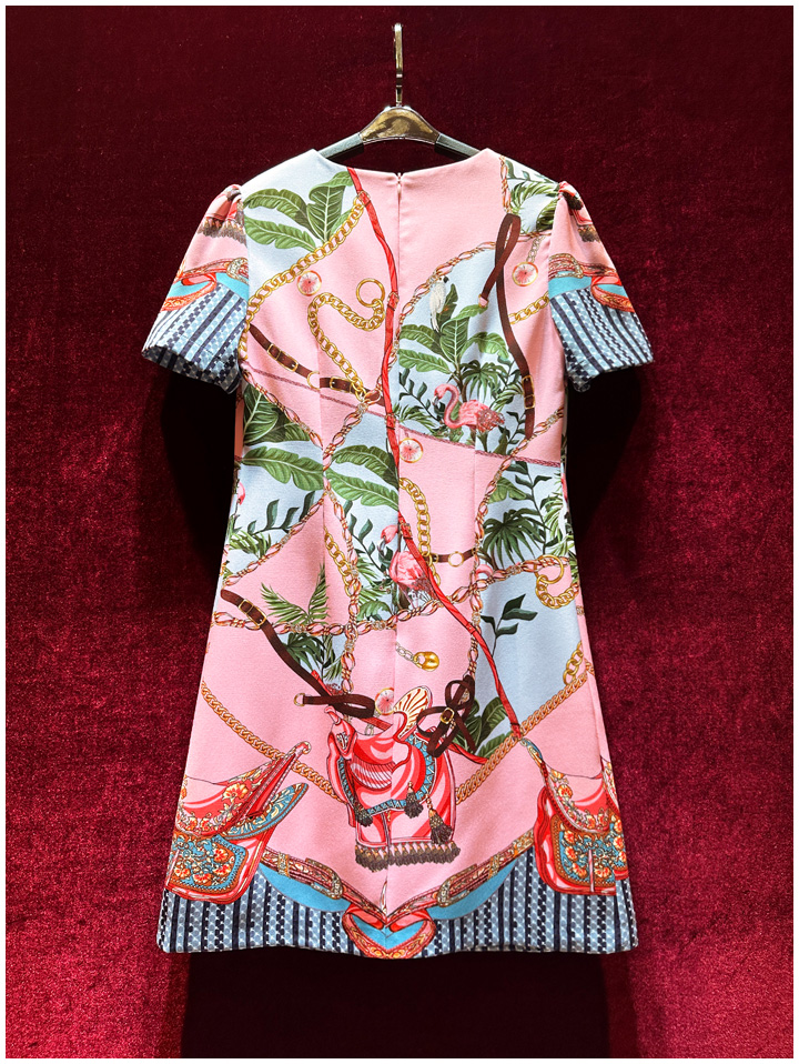 2023 Summer Pink Floral Print Beaddress Short Sleeve Round Neck Sequin Knäslängd Casual Dresses A3Q122304