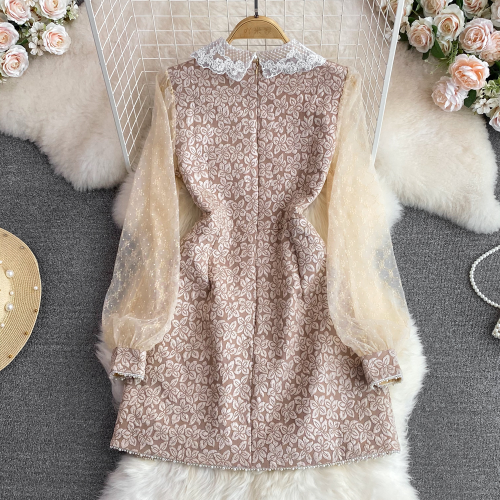 Basic Casual Dresses 2023 Spring Autumn Women Vintage Pearls Chain Beading Lace Flower Embroidery Patchwork Peter Pan Collar Foral Jacquard Dress