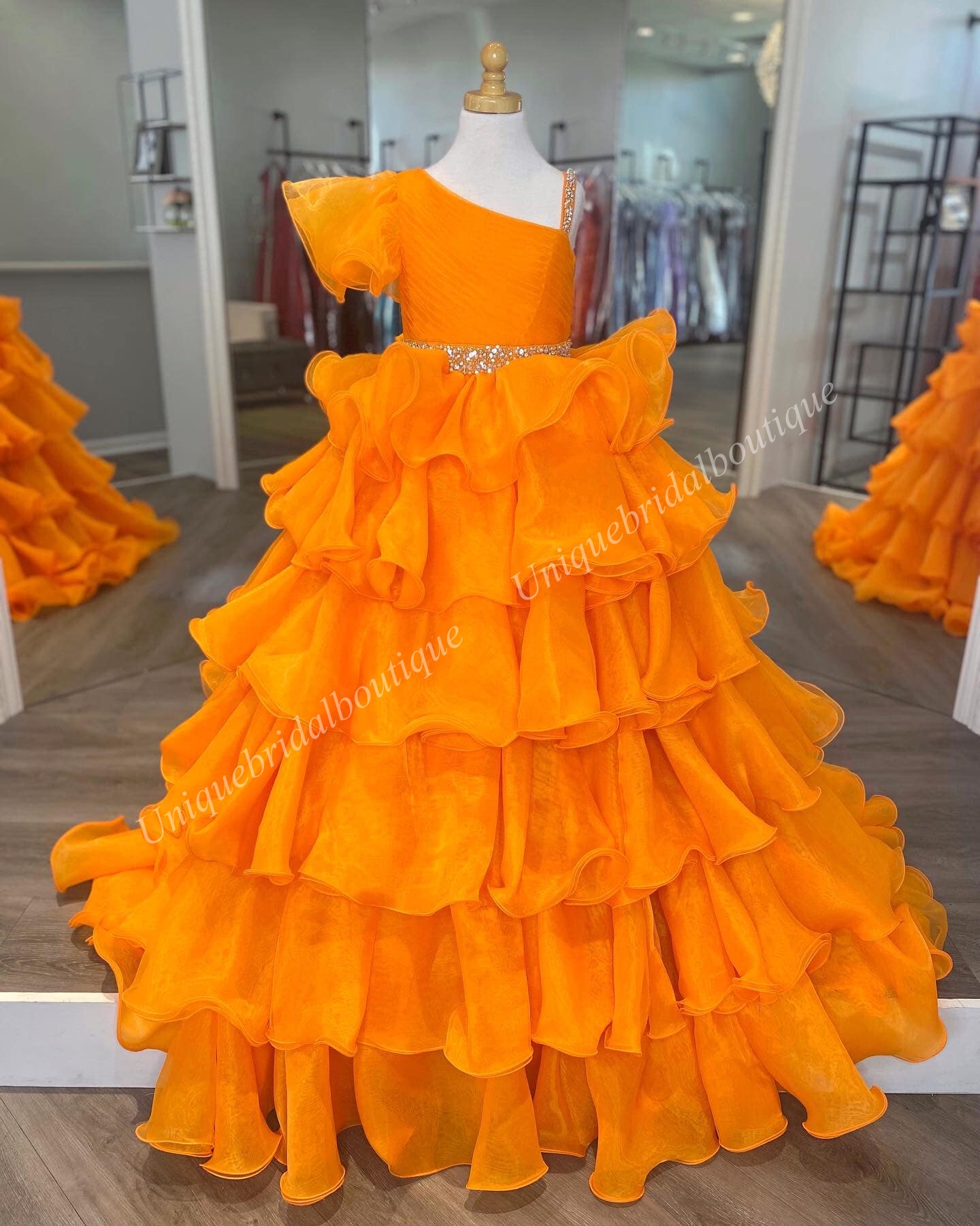 Ruffles Orange Girl Pageant Dress 2024 Crystals Beading Straps Layer Organza Little Kid Birthday Formal Party Gown Infant Toddler Teens Tiny Young Junior Miss Blue