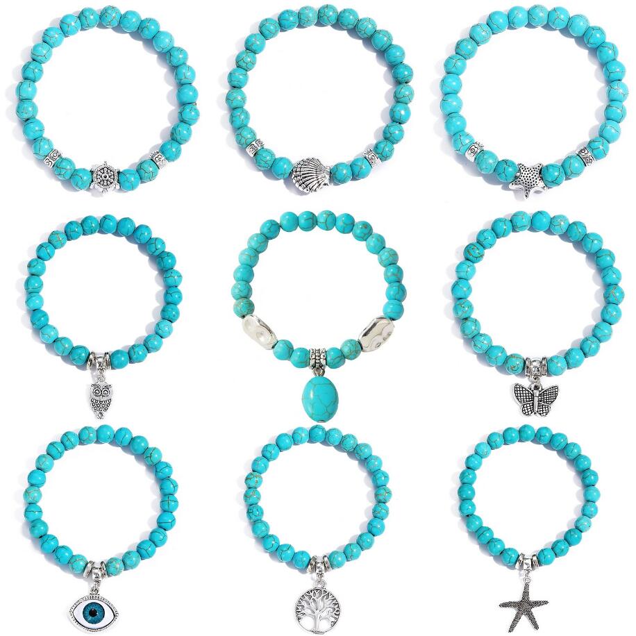 Bohème fait à la main en pierre naturelle Bracelet hommes Yoga Agates Turquoise perles Bracelets breloque papillon bleu pendentif Bracelets bijoux pour femmes