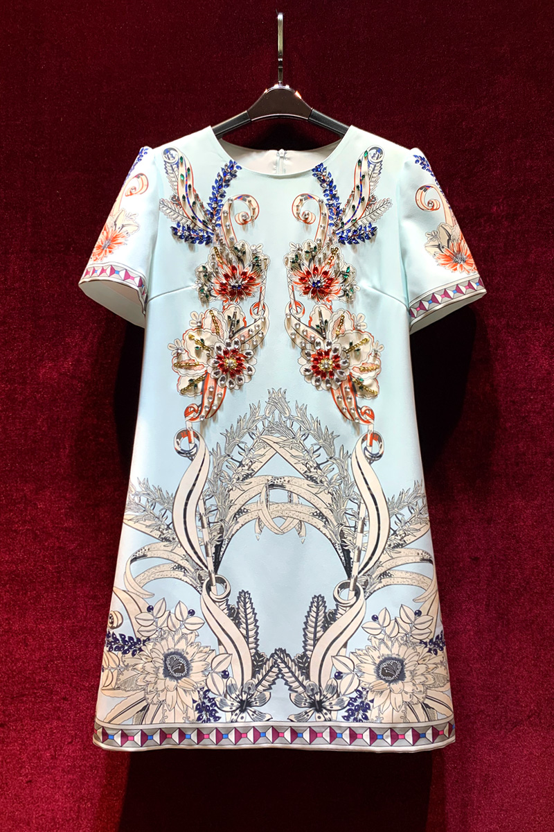 2023 Summer Sky Blue Floral Print Rhinestone Dress Short Sleeve Round Neck Knee-Length Casual Dresses A3Q122304