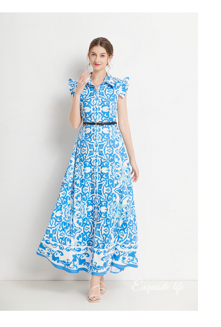 Vestidos Casuais Básicos Moda Verão Passarela Vestido Maxi Feminino Sem Manga Babado Cinto Único Seios Estampado Flor Azul Vestidos de Festa Linha A 2023