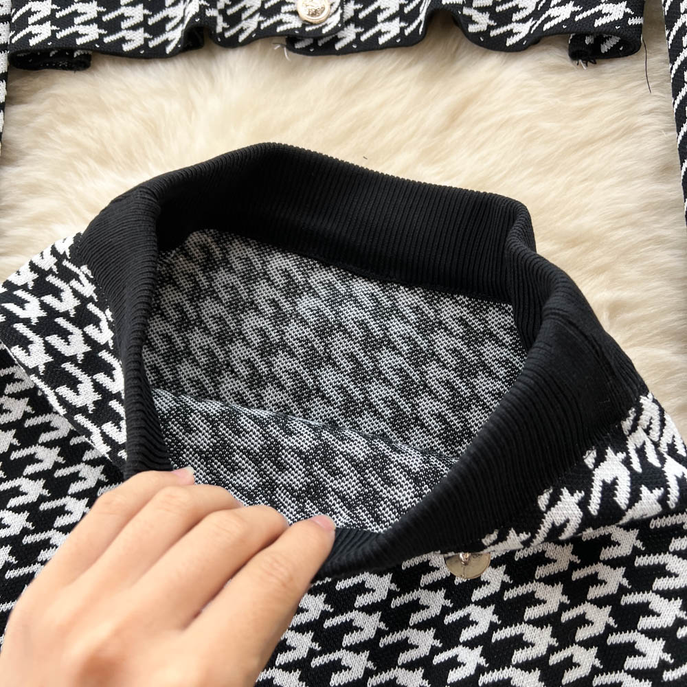 Dwuczęściowa sukienka elegancka houndstooth dzianina dwuczęściowy zestaw damski zabytkowe diamenty łuk Krótki sweter sweter + frędzle podzielone midi spódnicze garnitur 2023