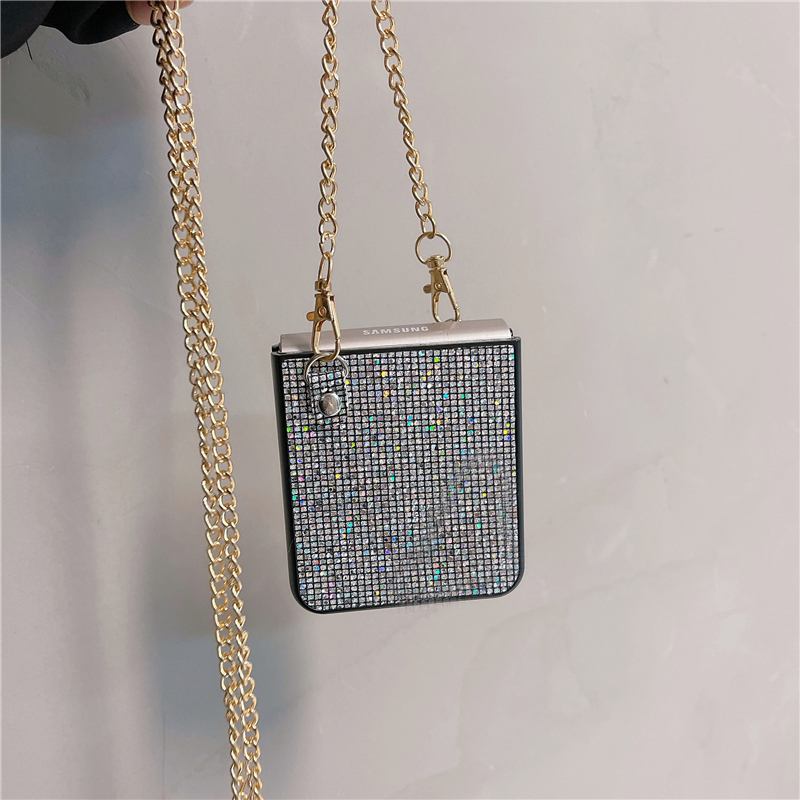 Estojo de telefone vogue luxuoso crossbody com diamante brilhante para samsung galaxy dobrável Z Flip3 Flip4 Flip5 5G colar durável brilhante concha dobrável à prova de choque