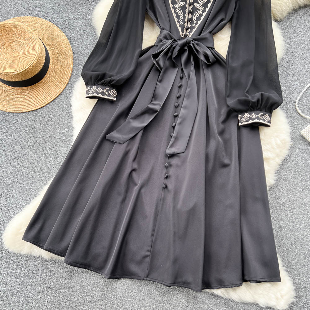 Basic Casual Dresses Summer Vintage Satin Embroidery Dress Women Stand Collar Single Breasted High Waist Bandage Lace Up Black Party Vestidos 2023