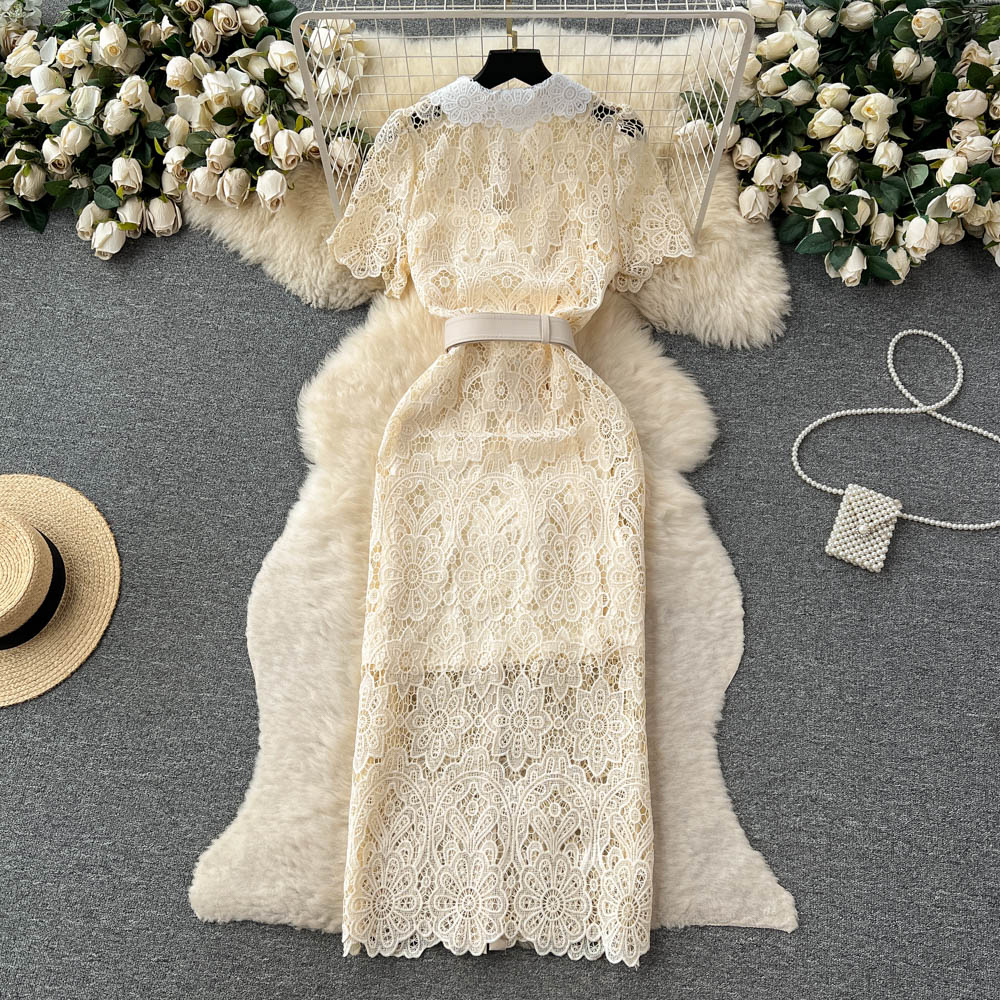 Basic Casual Dresses Runway Hollow Crochet Lace Dress Summer Party Women Embroidery Luxury Designer Midi Holiday Vestidos De Fiesta 2023