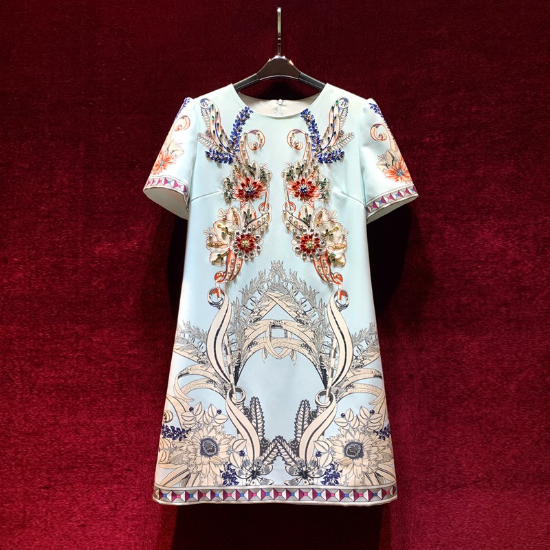 2023 Summer Sky Blue Floral Print Rhinestone Dress Short Sleeve Round Neck Knee-Length Casual Dresses A3Q122304