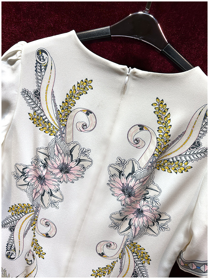 2023 Summer White Floral Print Dress Short Sleeve Round Neck Sequins Knee-Length Casual Dresses A3Q122218