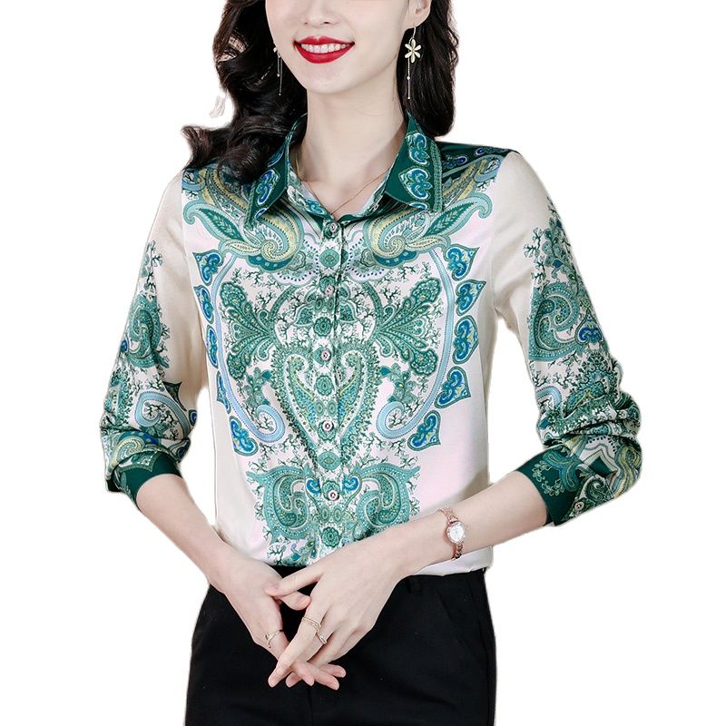 Vintage Soie Femmes Blouses Designer Top À Manches Longues Imprimé Revers Piste Boutonné Chemises Formelles 2023 Printemps Automne Élégant et Jeunesse 305v